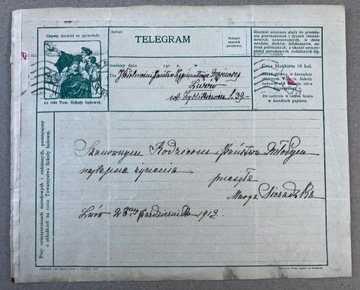 TELEGRAM Ślubny Lwów 1913  - Tow Szkoły Ludowej 