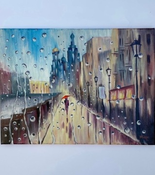 Obraz ulicy miejskiej w deszczu ręcznie malowany.
