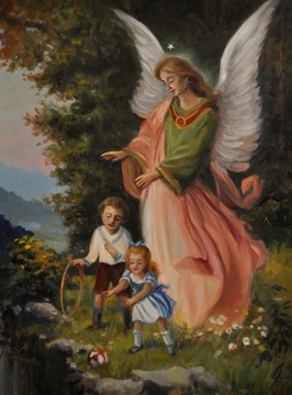 Obraz olejny Anioł Stróż 30/40 ręcznie mal.