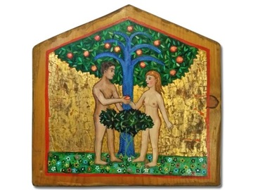 Ludowy Adam Ewa, ręcznie malowany na desce, piękny