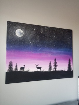 Obraz ręcznie malowany 90x70 noc księżyc niebo