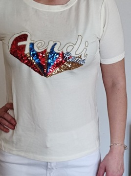 Fendi Roma koszulka damska t-schirt ecru cekiny M