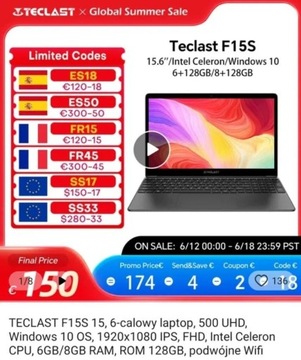 Laptop TECLAST F15S 15.6 cala NOWY W FOLII