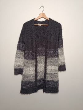 Włochaty sweter narzutka kardigan czarny szary L