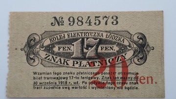 Kolej elektr. łódzka bilet tramwaj 1918 r. 20 fen.