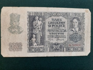 Banknot 20 zł z 1940 r seria K, obiegowy