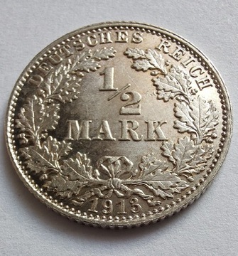 NIEMCY 1/2 Mark 1913 ŁADNA srebro