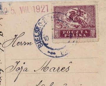 Znaczek Fi 96 na kartce z obiegu - Bielsko 1921 r.