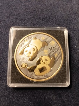 Srebrna moneta Chińska Panda 2022, złocenie+ruten