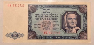 Banknot 20 zł  1948 rok "CHŁOPKA" nr HZ 8612723