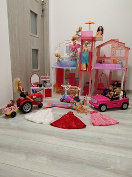 Barbie Mattel domek+lalki+akcesoria+sukienki