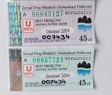 Bilety MZK miesięczne Bydgoszcz Toruń 2004-2008