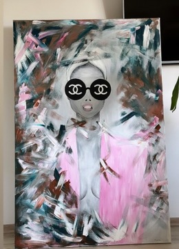 Obraz malowany akryl nowoczesna kobieta CHANEL 150x100 duzy