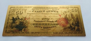 Banknot pozłacany 24k 50 dolarów USA z 1875 roku 