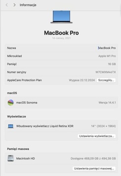 MacBook Pro 14” 2021 M1 16 GB/500 GB