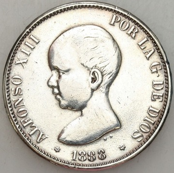 Hiszpania, 5 Pesetas 1888 MSM Ag