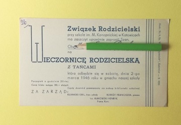 Zaproszenie 2 marca 1946 WIECZORNICA Z TAŃCAMI