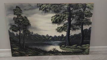 Obraz las jezioro 100x65 cm olej na płótnie 