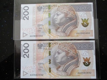 2X200 zł. Seria AA 2015 r.St 1.Cena za 2 banknoty