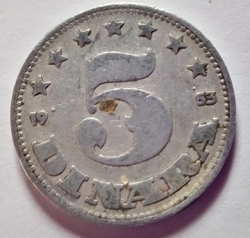 Moneta 5 dinarów jugosłowiańskich 1953r.