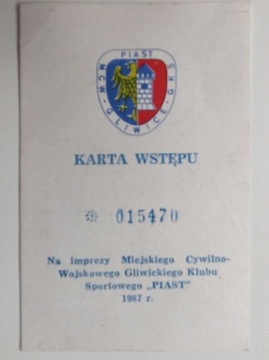 Karta wstępu Piast Gliwice – 1987 r.