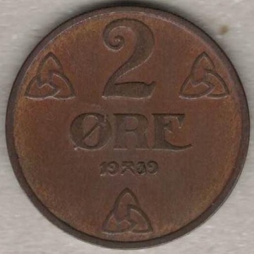 Norwegia 2 ore 1939 brąz 21 mm nr 1