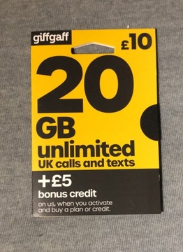 Karta SIM GiffGaff 15 Funtów i 20 GB internetu