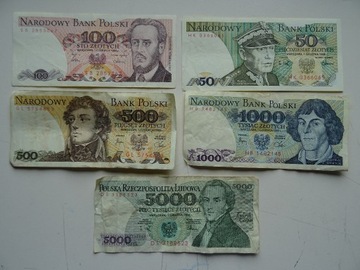 Polska 5 banknotów 50-5000 złotych ciekawy mix -L044