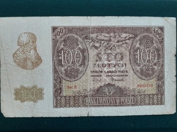 Banknot 100 zł 1940 r seria E stan średnio-słaby