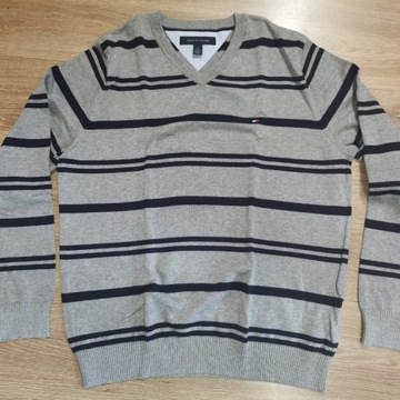 Sweter M Szary w paski serek V