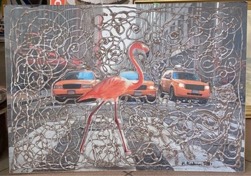Flamingi w Nowym Jorku. 50x70 kolaż M.Biadasiewicz