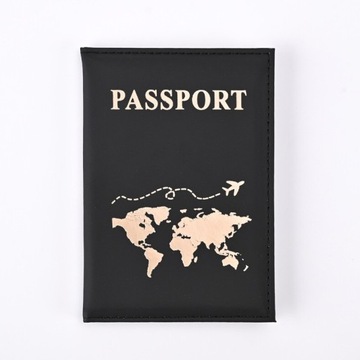 Skórzane etui paszport RFID czarne, złota grafika