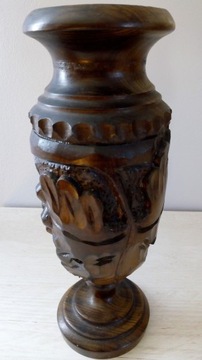Stary, drewniany pięknie rzeźbiony wazon 26cm