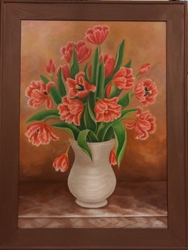 Obraz: Tulipany w wazonie, akryl na płótnie 84x64 
