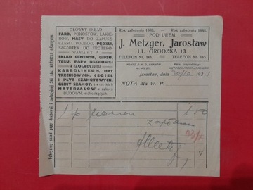 RACHUNEK. J. Metzger, Jarosław.  1888 POD LWEM.  
