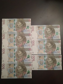 Banknoty 500 zł kolejne numery seria AB4517954 -60