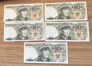 Komplet 5 banknotów 50zl 1988 seria KB