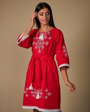 Sukienka haftowana czerwona, lniana 