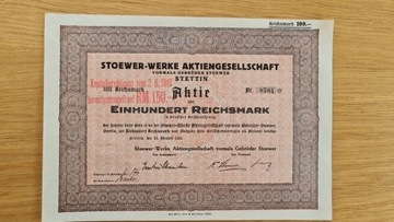 akcja Stoewer Stettin 100RM Szczecin 1932 - raryta