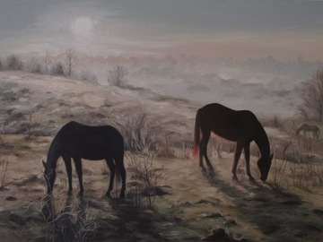 Obraz olejny pejzaż, konie