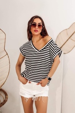 T-shirt damski Basic prążki Black & white nowość 