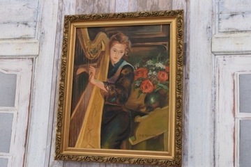 Wspaniały obraz - JÓZEF MEHOFFER - Kobieta grająca na Harfie - Stary Obraz