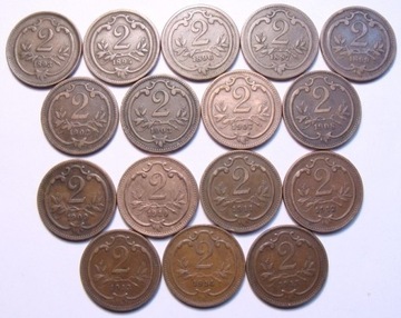 Austria komplet 16 monet 2 heller od 1893-1915 r.