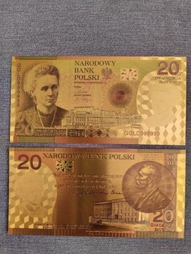 banknot pozłacany MARIA C. SKŁODOWSKA 20 złotych