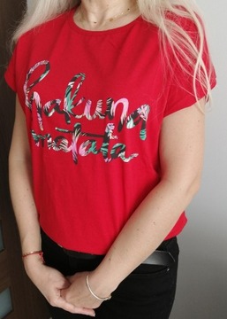 Damski T-shirt Czerwony Bawełna Hakuna Matata S