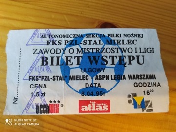 Bilet z meczu Stal Mielec - Legia Warszawa 1995