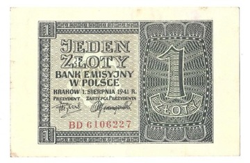 Banknot Polska 1 zł 1941 rok Seria BD Stan I/II AU