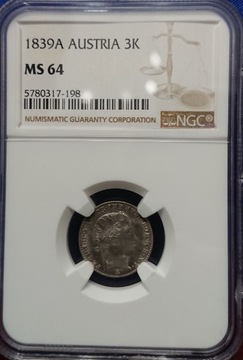 Austria 3 krajcary 1839 A NGC MS64 