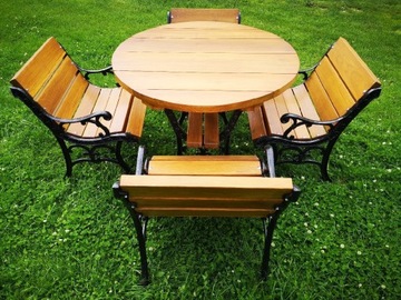 Meble ogrodowe żeliwne dębowe stół i 4 ławki