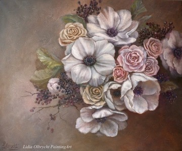 Anemony i Róże,ręcznie malow obraz olej,L.Olbrycht